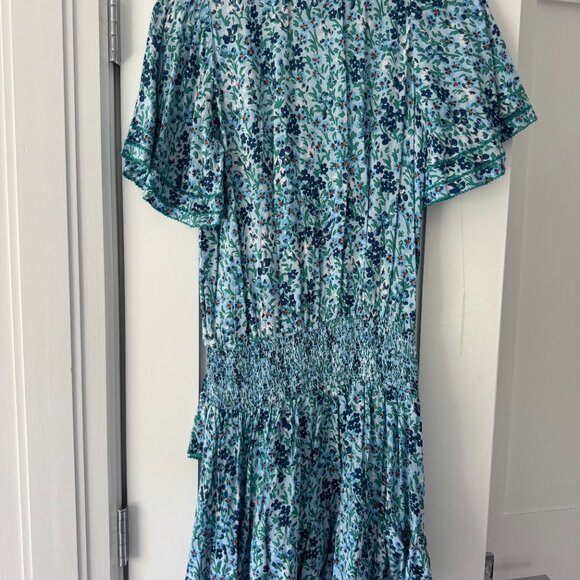 Poupette St Barth Floral Wrap Mini Dress Blue Green Ruffle Hem SZ S - Picture 2 of 5
